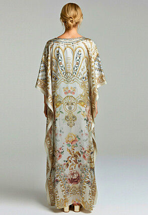Digital Printed Satin Kaftan in Off White