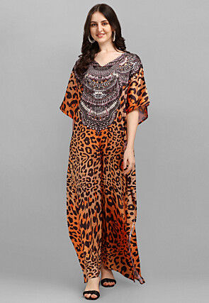 Digital Printed Satin Kaftan in Orange