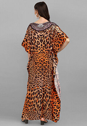 Digital Printed Satin Kaftan in Orange