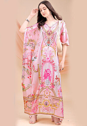 Digital Printed Satin Kaftan in Pink