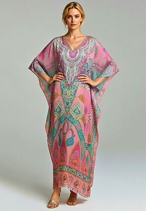 Digital Printed Satin Kaftan in Pink