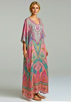 Digital Printed Satin Kaftan in Pink