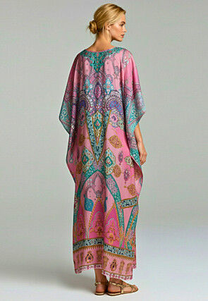 Digital Printed Satin Kaftan in Pink