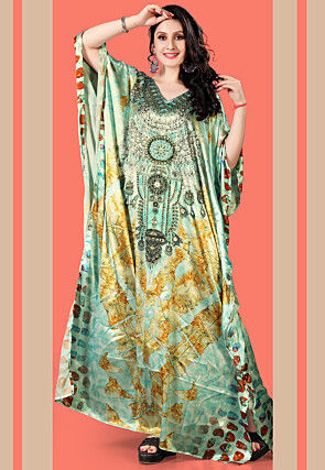 Digital Printed Satin Kaftan in Sea Green