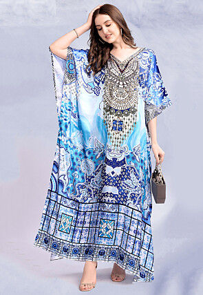 Digital Printed Satin Kaftan in Sky Blue