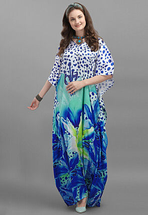 Digital Printed Satin Kaftan in White and Blue