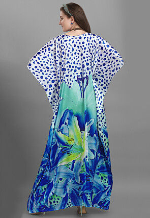 Digital Printed Satin Kaftan in White and Blue