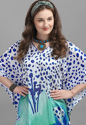 Digital Printed Satin Kaftan in White and Blue