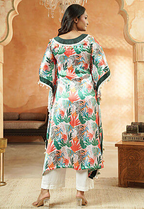 Digital Printed Satin Kaftan Kurta Set in Multicolor
