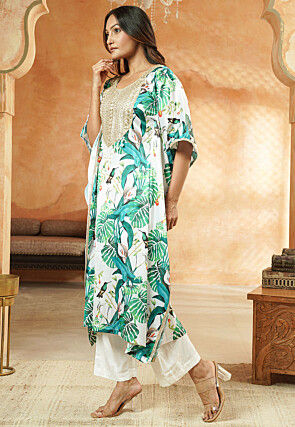 Digital Printed Satin Kaftan Kurta Set in Multicolor