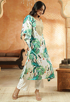 Digital Printed Satin Kaftan Kurta Set in Multicolor