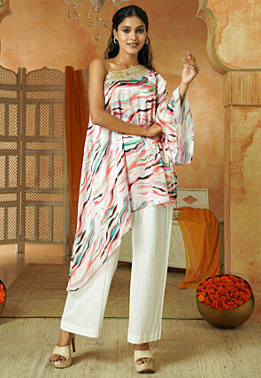 Digital Printed Satin Kimono Tunic Set in Multicolor