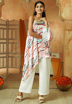 Digital Printed Satin Kimono Tunic Set in Multicolor