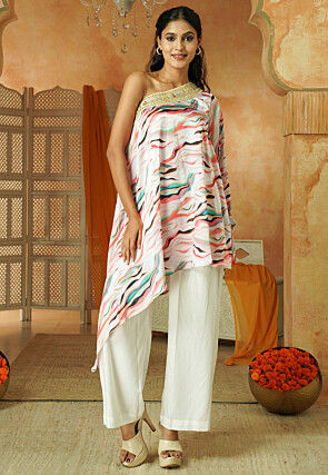 Digital Printed Satin Kimono Tunic Set in Multicolor