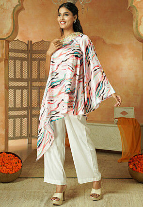 Digital Printed Satin Kimono Tunic Set in Multicolor
