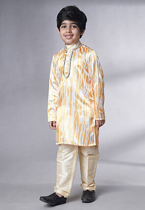 Digital Printed Satin Kurta Set in Cream and Yellow