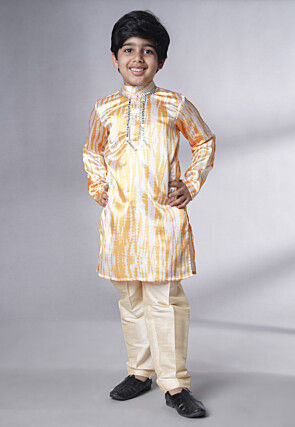 Digital Printed Satin Kurta Set in Cream and Yellow