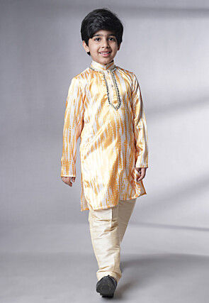 Digital Printed Satin Kurta Set in Cream and Yellow