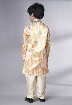 Digital Printed Satin Kurta Set in Cream and Yellow