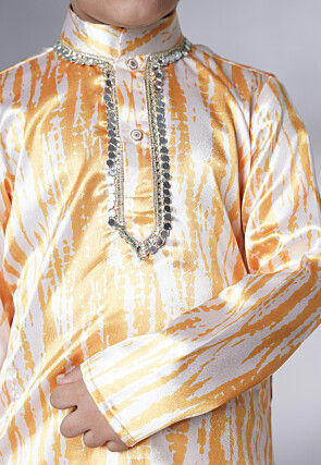 Digital Printed Satin Kurta Set in Cream and Yellow