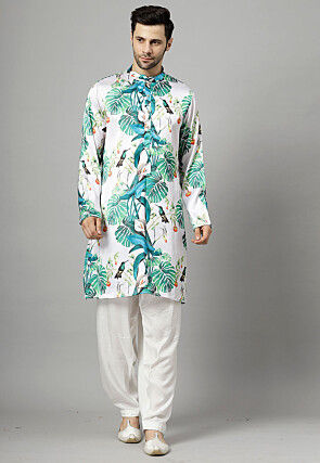 Digital Printed Satin Kurta Set in White