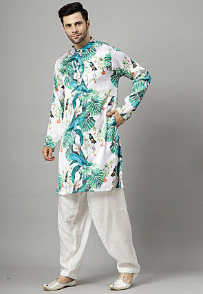 Digital Printed Satin Kurta Set in White