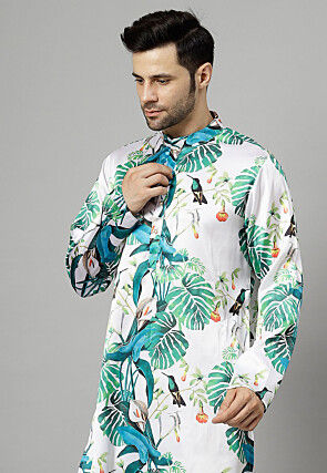 Digital Printed Satin Kurta Set in White