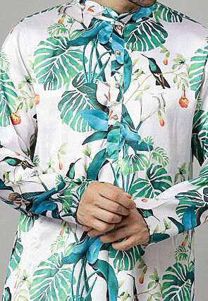 Digital Printed Satin Kurta Set in White