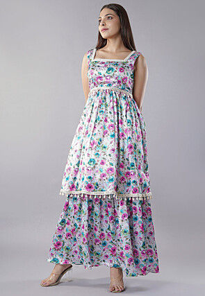 Digital Printed Satin Layered Gown in White and Multicolor