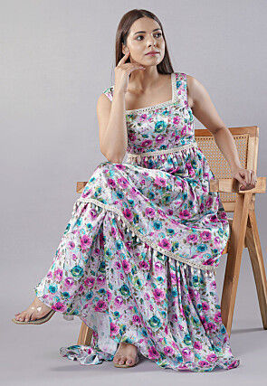 Digital Printed Satin Layered Gown in White and Multicolor