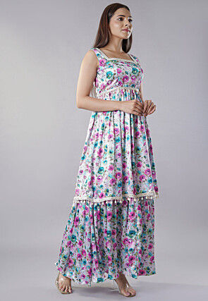 Digital Printed Satin Layered Gown in White and Multicolor