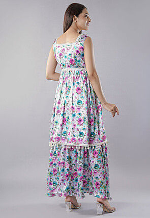 Digital Printed Satin Layered Gown in White and Multicolor