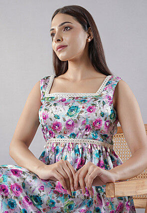 Digital Printed Satin Layered Gown in White and Multicolor