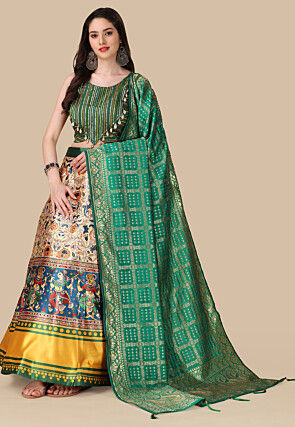 Digital Printed Satin Lehenga in Beige