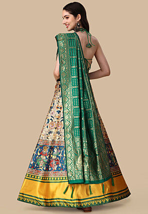 Digital Printed Satin Lehenga in Beige