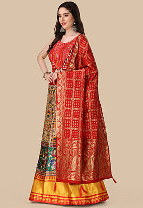 Digital Printed Satin Lehenga in Beige