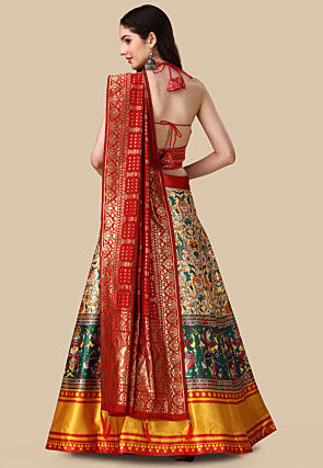 Digital Printed Satin Lehenga in Beige