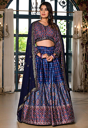 Digital Printed Satin Lehenga in Blue