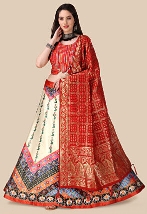 Digital Printed Satin Lehenga in Cream