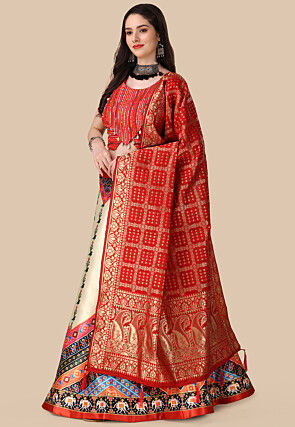 Digital Printed Satin Lehenga in Cream