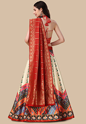 Digital Printed Satin Lehenga in Cream