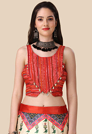 Digital Printed Satin Lehenga in Cream