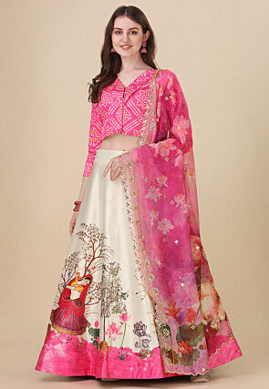 Digital Printed Satin Lehenga in Cream