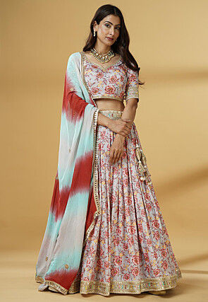 Digital Printed Satin Lehenga in Grey
