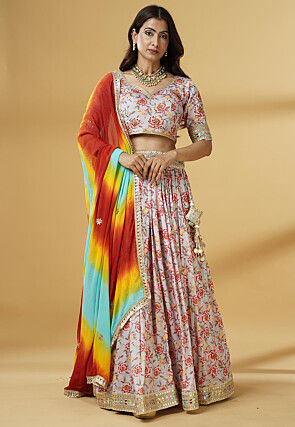 Digital Printed Satin Lehenga in Grey