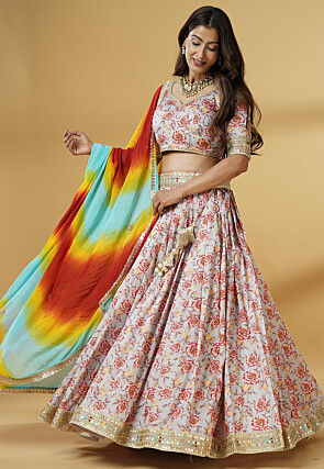 Digital Printed Satin Lehenga in Grey