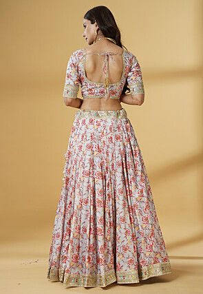 Digital Printed Satin Lehenga in Grey