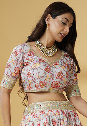 Digital Printed Satin Lehenga in Grey