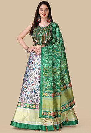 Digital Printed Satin Lehenga in Light Blue