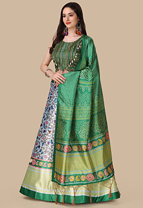 Digital Printed Satin Lehenga in Light Blue